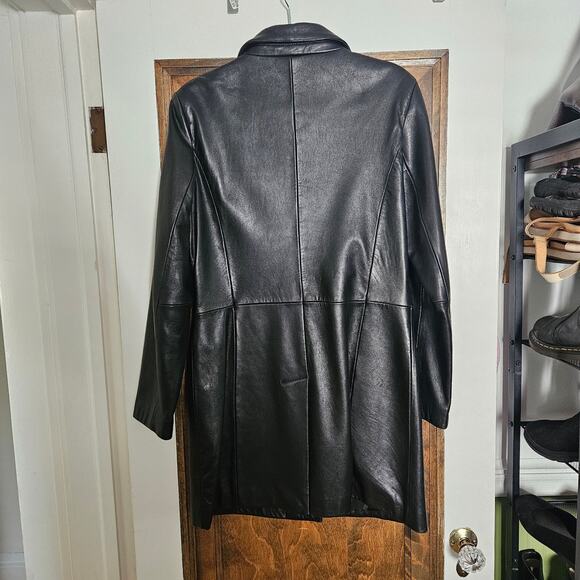Black Leather Jacket Long Medium Buttons Pockets 90s 00s Y2k Vintage Above Knee - Picture 3 of 6